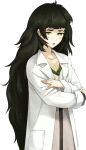  1girl :< blunt_bangs blush brown_jacket collar collarbone crossed_arms embarrassed fingernails flat_chest game_cg green_collar green_eyes green_hair green_trim hiyajou_maho huke jacket jacket_over_dress lab_coat large_variant_set long_hair looking_at_viewer messy_hair non-web_source official_art open_mouth science_adventure solo sprite steins;gate steins;gate_0 transparent_background variant_set very_long_hair 