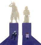  1boy 1girl absurdres aerith_gainsborough armor baggy_pants bangle belt black_boots black_pants black_shirt blonde_hair boots bracelet brown_hair buster_sword cloud_strife commentary dress english_commentary final_fantasy final_fantasy_vii final_fantasy_vii_remake full_body hair_ribbon highres holding holding_sword holding_weapon hugging_own_legs jacket jewelry kneeling long_dress long_hair looking_at_another own_hands_clasped own_hands_together pants pauldrons pink_dress pink_ribbon praying red_jacket ribbon sharp_teeth shirt short_hair shoulder_armor single_bare_shoulder single_pauldron sitting sleeveless sleeveless_turtleneck sodacure21 standing statue suspenders sword sword_on_back teeth turtleneck weapon weapon_on_back white_background 