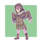  1girl blush boots brown_hair cardigan chanosuke_(axz) closed_eyes commentary_request dodo_(kemono_friends) full_body fur-trimmed_poncho fur_collar hairband highres kemono_friends lace-up_boots long_sleeves multicolored_hair open_mouth pantyhose pink_hair pleated_skirt poncho ponytail short_hair short_ponytail skirt smile solo 