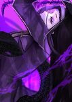  1girl absurdres black_hood character_request check_character commentary eyelashes highres iori_(project_moon) jewelry library_of_ruina looking_at_viewer necklace pink_background project_moon purple_aura purple_eyes purple_suit purple_theme remasan_0926 snake solo suit upper_body 