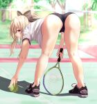  1girl absurdres ass ball bent_over black_bow black_buruma blonde_hair blush bow buruma closed_mouth commentary_request fate/kaleid_liner_prisma_illya fate_(series) from_behind gym_shirt gym_uniform hair_bow highres holding holding_racket holding_tennis_racket illyasviel_von_einzbern kneepits legs long_hair looking_at_viewer looking_back outdoors pikuru profile racket red_eyes shirt shoes short_shorts short_sleeves shorts sneakers solo tennis tennis_ball tennis_racket thighs white_shirt 