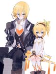  1boy 1girl absurdres bare_shoulders black_choker black_coat black_hairband black_pants black_vest blonde_hair blue_eyes boots brother_and_sister choker coat dress edna_(tales) eizen_(tales) gloves green_ribbon hair_between_eyes hair_ribbon hairband highres invisible_chair leg_ribbon looking_at_another nancykittyu orange_shirt pants ribbon ribbon_choker shirt short_hair siblings side_ponytail simple_background single_glove sitting spaghetti_strap striped_clothes striped_vest tales_of_(series) tales_of_berseria vertical-striped_clothes vertical-striped_vest vest white_background white_dress 