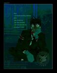  1boy black_coat black_hair black_necktie blood blood_on_clothes coat collared_shirt commentary crossed_legs crossover english_text full_body head_rest highres jitome kim_dokja looking_to_the_side male_focus mittens muzzle_(mask) necktie no_i'm_not_a_human omniscient_reader's_viewpoint parody red_eyes shirt short_hair sitting solo torn_clothes torn_shirt vacation_town white_shirt 