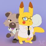 absurd_res animal_genitalia animal_penis anthro belly blue_eyes blush blush_lines bottomless brown_body brown_fur clock clothed clothing duo erection eyewear female feral fur generation_1_pokemon generation_7_pokemon genitals glasses hi_res jm-luxro male male/female multicolored_eyes necktie nintendo partially_clothed penis pikachu pokemon pokemon_(species) purple_eyes rockruff rodent_penis roxi_(cirafiore) tan_belly tapering_penis watch wristwatch yellow_body yellow_eyes yellow_fur
