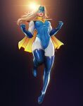  1girl amulet artist_request blonde_blazer blonde_hair blue_boots blue_eyes blue_gloves blue_mask bodysuit boots breasts cape clenched_hands curvy dispatch eye_mask flying gem gloves hands_up highres long_hair mask medium_breasts multicolored_bodysuit muscular muscular_female red_gem red_lips short_cape superhero_costume thigh_boots toned toned_female yellow_cape 
