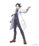  1boy absurdres belt black_hair black_pants blue_shirt bracelet brown_shoes collared_shirt commentary_request curly_hair facial_hair full_body green_belt green_necktie grin hand_up highres holding holding_poke_ball jewelry male_focus necktie pants poke_ball poke_ball_(basic) pokemon pokemon_xy professor_sycamore shirt shoes short_hair smile socks solo standing star_goha teeth twitter_username 