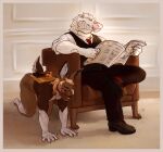 alcohol all_fours alligator alligatorid anthro armchair bdsm beverage black_markings blonde_hair blush border brown_body brown_fur chair cigar claws clothed clothed/nude clothing colored_sketch crocodilian crossed_legs detailed_background facial_scar forniphilia full-length_portrait fur furniture glass hair hi_res interior_background interkos lagomorph leather leporid living_room male male/male mammal markings motion_lines muzzle_(object) muzzled necktie nude objectification pink_scar plantigrade portrait rabbit reading reading_newspaper reptile scales scalie scar shaking silas_(kindreddemon) sitting sketch smile snaggle_teeth submissive submissive_male suit white_body white_border white_claws white_fur white_markings white_scales