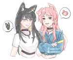  2girls animal_ears bang_dream! bang_dream!_it's_mygo!!!!! bang_dream!_our_notes black_choker black_hair blonde_hair blue_jacket chain chain_necklace chihaya_anon choker colored_inner_hair commentary_request crop_top crossed_arms dog_ears dog_girl earrings fang fangs grey_eyes jacket jewelry kemonomimi_mode long_hair multicolored_hair multiple_girls necklace pink_hair shirt suga_raika trait_connection underlion2567 white_shirt yellow_eyes 