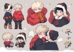  2boys ^_^ animal bakugou_katsuki belt belt_pouch blonde_hair boku_no_hero_academia brown_gloves closed_eyes commentary cropped_torso curved_horns freckles fur-trimmed_headwear fur_trim gloves goat green_eyes green_hair grin hand_on_another's_face hat highres holding_hands kq41502 looking_to_the_side male_focus midoriya_izuku multiple_boys multiple_views official_alternate_costume open_mouth parted_bangs pouch red_eyes red_shawl shawl short_hair sideways_glance smile symbol-only_commentary white_fur wolf 