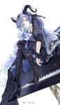  1girl ankle_boots arknights artist_name bang_dream! bang_dream!_it's_mygo!!!!! black_boots black_dress black_horns black_pantyhose black_wrist_cuffs blue_hair boots chinese_commentary clothing_cutout commentary_request curled_horns dress dutch_angle frilled_dress frilled_wrist_cuffs frills from_side full_body high_heels highres horns instrument kirifu_(kirifu114514) long_hair looking_at_viewer official_alternate_costume on_piano pantyhose parted_lips piano puffy_short_sleeves puffy_sleeves short_dress short_sleeves shoulder_cutout single_boot sitting sitting_on_piano solo striped_clothes striped_pantyhose togawa_sakiko togawa_sakiko_(master_of_melodia) vertical-striped_clothes vertical-striped_pantyhose white_background wrist_cuffs yellow_eyes 
