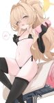  1girl absurdres artificial_vagina bikini black_bikini black_gloves black_thighhighs blonde_hair blue_archive blush breasts commentary_request elbow_gloves gloves green_eyes gu_meng_yin halo has_bad_revision has_censored_revision highres long_hair navel professor_niyaniya_(blue_archive) sex_toy simple_background small_breasts solo swimsuit thighhighs white_background 