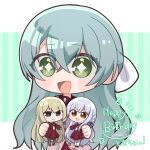  +_+ 1girl :d assault_lily blush bow brown_cardigan brown_sailor_collar buttons cardigan character_doll character_name chibi commentary_request crossed_bangs doll green_background green_hair hair_between_eyes hair_bow half_updo hands_up happy_birthday highres holding holding_doll kanba_girls_high_school_uniform kon_kanaho long_hair looking_at_viewer miyagawa_takane open_mouth partially_unbuttoned ponokaijo sailor_collar school_uniform smile solo striped_background toki_kureha translated twitter_username upper_body very_long_hair white_background white_bow 