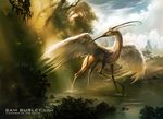  ambiguous_gender avian beak chimera feathered_wings feathers feral horn hybrid landscape looking_back magic_the_gathering nature official_art one_leg_up outside partially_submerged sam_burley signature spread_wings standing wings 