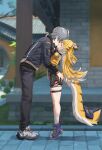 1boy 1girl absurdres animal_ears black_pants black_shorts blonde_hair blurry blurry_background building commentary day elbow_gloves english_commentary fingerless_gloves fluffy_tail french_kiss from_side full_body gloves grabbing_another's_ass grass grey_hair groping height_difference highres jacket ju_fufu kiss large_tail leaning_forward long_hair luizhtx outdoors pants ribbon short_hair shorts sky tail tail_ornament tail_ribbon thick_tail thigh_strap tiger_ears tiger_girl tiger_tail tiptoes twitter_username wise_(zenless_zone_zero) yellow_jacket zenless_zone_zero 