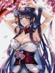  1girl armpits arms_up artist_name bare_arms blunt_bangs blurry blurry_background blush breasts cherry_blossoms cleavage commentary depth_of_field detached_collar english_commentary fan_hair_ornament genshin_impact glowing glowing_eyes gradient_hair hair_down hair_ornament ibispaint_(medium) japanese_clothes kimono large_breasts long_hair mole mole_under_eye multicolored_hair neck_ribbon off_shoulder pink_lips purple_eyes purple_hair purple_kimono raiden_shogun red_ribbon red_sash ribbon sash solo sor4zuk1 standing tree twitter_username undressing upper_body 
