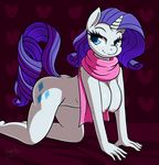  2014 all_fours anthro anthrofied blue_eyes breasts cutie_mark digital_media_(artwork) equine female friendship_is_magic fur hair horn mammal my_little_pony nipples nude purple_hair rarity_(mlp) saber-panda scarf smile solo unicorn white_fur 