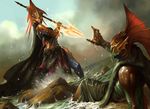  action_pose anthro cape clothing crest daarken duo dutch_angle female fight fin glowing glowing_eyes lying magic_the_gathering male marine merfolk official_art on_back polearm reaching rock sea trident water 
