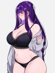 1girl :t absurdly_long_hair black_bra black_panties blush bra breasts cleavage collarbone cowboy_shot curvy dress fern_(sousou_no_frieren) grey_background grey_dress highres long_hair long_sleeves navel off_shoulder open_clothes open_dress panties purple_eyes purple_hair sakichka simple_background solo sousou_no_frieren stomach underwear undressing very_long_hair wide_hips 