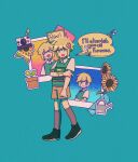  1boy antenna_hair artist_name asuuree bandaid bandaid_on_arm basil_(faraway)_(omori) basil_(omori) black_shoes blonde_hair blue_background blue_eyes book bright_pupils brown_shorts brown_socks character_name collared_shirt double-parted_bangs english_text flower full_body hair_between_eyes hair_flower hair_ornament highres holding holding_book kneehighs looking_at_viewer male_focus omori photo_(object) shirt shoes short_hair short_sleeves shorts sidelocks simple_background socks solo speech_bubble standing sticker sunflower white_pupils white_shirt 