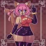 1:1 2025 abstract_background accessory anthro armwear artist_name big_breasts bottomwear bow_ribbon breasts cleavage cleavage_cutout clothed clothing cutout domestic_cat effie_(vampiricpig) elbow_gloves endlessfin eyelashes felid feline felis female furgonomics gesture gloves hair hand_gesture handwear hi_res latex latex_bottomwear latex_clothing latex_gloves latex_handwear latex_legwear latex_skirt latex_thigh_highs legs_together legwear mammal markings miniskirt mole_(marking) nipple_outline open_mouth open_smile pink_hair purple_eyes ribbons shirt short_hair skirt smile solo standing tail tail_accessory tail_ribbon tank_top text thick_thighs thigh_highs tongue tongue_out topwear v_sign