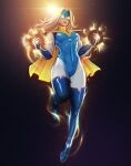  1girl amulet artist_request blonde_blazer blonde_hair blue_boots blue_gloves blue_mask bodysuit boots breasts cape clenched_hands curvy dispatch energy eye_mask flying gem gloves glowing glowing_eyes glowing_hands hands_up highres long_hair mask medium_breasts multicolored_bodysuit muscular muscular_female non-web_source red_gem red_lips short_cape superhero_costume thigh_boots toned toned_female yellow_cape 