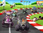  @_@ aipom artist_name billboard blastoise blue_eyes blue_sky camera castform castform_(normal) celebi charjabug checkered_flag closed_mouth commentary company_connection crash crossover cyclizar day dirt drooling english_commentary english_text fangs flag flying go-kart grass grey_helmet helmet highres holding holding_camera holding_microphone holding_shell lens_flare lying mario_(series) mario_kart microphone mouth_drool nacli on_back open_mouth outdoors palkia palpitoad pokemon prehensile_tail racetrack riding riding_pokemon rotom rotom_dex running shell shuckle signature sky smile spinda spiral-only_eyes steenee tail thecalendork varoom victini watermark 
