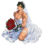  1boy bouquet bridal_veil bride commentary crossdressing crossdressing_(mtf) deathafternoon dog_tags dress english_commentary eyewear_on_head flower full_body green_eyes hair_over_one_eye highres holding holding_bouquet holding_dog_tags large_pectorals lighter_(zenless_zone_zero) male_focus mouth_hold pectorals rose scar scar_on_arm scar_on_shoulder solo strapless strapless_dress sunglasses thigh_strap veil wedding_dress white_dress zenless_zone_zero 