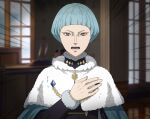  1boy absurdres black_clover black_clover_m:_rise_of_the_wizard_king black_jacket blue_cape blue_hair brown_eyes cape capelet fur-trimmed_jacket fur_trim hand_on_own_chest highres indoors jacket looking_at_viewer marx_(black_clover) non-web_source official_art open_mouth pants short_hair solo teeth upper_body white_capelet 