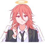  1boy ? angel_devil_(chainsaw_man) angel_wings black_jacket black_necktie chainsaw_man collared_shirt hair_between_eyes halo highres jacket long_hair male_focus nana_(eegm4275) necktie red_eyes red_hair shirt solo suit_jacket sweatdrop traditional_halo upper_body white_shirt wings 