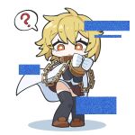  1girl ? black_thighhighs blonde_hair blush bound bound_wrists bright_pupils brown_shoes cape commentary_request deformed don_quixote_(project_moon) eyelashes full_body highres index_(identity)_(project_moon) korean_commentary limbus_company medium_hair orange_eyes panties pantyshot pleated_skirt project_moon red_skirt shoes simple_background skirt solo spoken_question_mark standing teeny_(nonzone) thighhighs underwear white_background white_cape white_panties white_pupils 