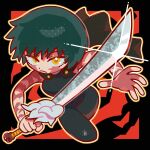  1girl black_border border closed_mouth commentary_request eyelashes full_body glint green_hair highres holding holding_sword holding_weapon iechi jujutsu_kaisen outline scar scar_on_arm scar_on_face short_hair sleeveless solo sword weapon white_outline yellow_outline zen'in_maki 
