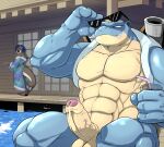 abs anthro balls beverage big_penis black_eyewear black_sunglasses blastoise blue_body blue_hair brown_body brown_fur chester_(pandottermon) clothed clothed_male clothing day detailed_background drinking_straw duo erection eyebrows eyewear flirting_look foreskin fur generation_1_pokemon genitals glans grin hair hi_res holding_beverage holding_eyewear holding_object holding_sunglasses humanoid_genitalia humanoid_penis ice ice_cube looking_at_another looking_back looking_back_at_another male male/male mammal muscular mustelid nintendo nude nude_male otter otter_tail outside pandottermon penis pink_glans pokemon pokemon_(species) raised_eyebrow removing_sunglasses sitting size_difference smile smiling_at_another spa spread_legs spreading stubble sunglasses teeth vein veiny_penis water