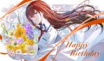  1girl blue_eyes bouquet breast_pocket coat coat_partially_removed commentary crossed_bangs dated english_commentary hair_between_eyes happy_birthday highres holding holding_bouquet lab_coat long_hair long_sleeves makise_kurisu necktie off_shoulder open_mouth pocket red_hair red_necktie science_adventure shirase_rin shirt solo steins;gate upper_body white_coat white_shirt 
