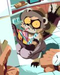 4:5 absurd_res anthro appliance bottomwear bread brown_body brown_fur clock clothing crouching food footwear fridge fur hi_res holding_food holding_object human kitchen_appliance light_switch looking_at_viewer male mammal microwave_oven mostly_offscreen_character orange_eyes pants pocky procyonid raccoon shen_(shen_comix) shen_comix shirt shoes slippers solo sweatpants tank_top topwear watch