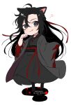 1boy :q absurdres ahoge animal_ears black_boots black_eyes black_hair black_hanfu black_sash blush boots cat_boy cat_ears chibi chibi_only chinese_clothes closed_mouth coat commentary_request full_body grey_coat hair_down hair_ribbon half_updo hand_up hanfu heart highres kabe_bo kemonomimi_mode licking_lips long_hair long_sleeves looking_at_viewer male_focus modao_zushi official_alternate_costume official_alternate_hairstyle open_clothes open_coat paw_pose red_ribbon red_sash ribbon robe sash sidelocks simple_background smile solo standing tongue tongue_out twitter_username very_long_hair watermark wei_wuxian wei_wuxian_(yiling_laozu) white_background wide_sleeves 