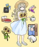  1girl blonde_hair cat chinstrap commentary_request cup dress drinking_glass flower food fruit full_body hat highres holding holding_flower lemon lemon_slice long_hair nozawa_(nooo1709) original polaroid_camera polaroid_photo sandals sleeveless sleeveless_dress solo spaghetti_strap standing straw_hat suitcase sunflower white_dress white_sandals yellow_background yellow_flower 