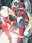  1boy absurdres android armor blonde_hair commentary_request energy_sword full_body helmet highres mega_man_(series) mega_man_zero_(series) mega_man_zero_3 omega_(mega_man) omochi_(mochi_skymega) red_armor red_eyes red_helmet solo sword weapon 