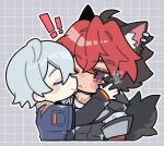  2boys animal_ear_piercing animal_ears black_hair black_jacket chibi commentary_request cuddling dog_boy dog_ears dog_tail gogogalar grey_hair jacket komano_manato male_focus multicolored_hair multiple_boys red_eyes red_hair scar scar_on_chest shirt size_difference tail white_shirt wise_(zenless_zone_zero) zenless_zone_zero 