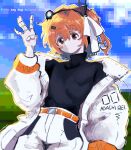  1girl adachi_rei belt black_shirt bliss_(image) headlamp highres jacket long_sleeves looking_at_viewer medium_hair non-web_source one_side_up open_clothes open_jacket orange_belt orange_eyes orange_hair radio_antenna ribbon shirt shorts solo utau white_ribbon white_shorts 
