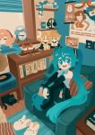 1girl antenna_hair black_boots black_skirt blue_eyes blue_hair blush bookshelf boots calendar_(object) cat character_doll character_request commentary detached_sleeves doll english_commentary hatsune_miku headset indoors kagamine_len kagamine_rin kaito_(vocaloid) knees_up long_hair long_sleeves looking_at_viewer megurine_luka meiko_(vocaloid) open_mouth phonograph pleated_skirt projecttiger sitting skirt slippers smile solo stuffed_toy takoluka teeth thigh_boots twintails upper_teeth_only very_long_hair vocaloid window 