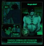  2boys :d arms_behind_back black_hair commentary crossover dark door english_text green_theme grin head_tilt intruder_(no_i'm_not_a_human) multiple_boys night no_i'm_not_a_human omniscient_reader's_viewpoint parody partially_shaded_face pectorals red_eyes sharp_teeth short_hair smile squinting teeth toned toned_male topless_male vacation_town yoo_joonghyuk 