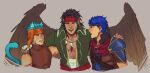  3boys aevi animal_ears arm_around_shoulder armor blue_hair cat_boy cat_ears commentary cropped_torso english_commentary feather_necklace feathered_wings fire_emblem fire_emblem:_radiant_dawn headdress highres ike_(fire_emblem) jewelry male_focus multiple_boys necklace pauldrons pointy_ears ranulf_(fire_emblem) scar scar_on_chest scar_on_face short_hair shoulder_armor simple_background single_pauldron tail tibarn_(fire_emblem) wings 
