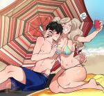  1boy 1girl amamiya_ren aqua_bikini barefoot beach beach_towel beach_umbrella bikini black_hair blonde_hair blue_eyes blue_sky blush breasts cellphone cleavage couple curvy day english_text floral_print floral_print_bikini grey_eyes grin hetero holding holding_phone kukumomo large_breasts long_hair looking_at_phone male_swimwear navel outdoors persona persona_5 phone print_bikini selfie sky smartphone smile speech_bubble stomach swim_trunks swimsuit takamaki_anne taking_picture thighs towel twintails umbrella wavy_hair 