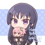  1girl assault_lily black_hair blue_background blush character_doll character_name chibi closed_mouth commentary_request doll hands_up happy highres hitotsuyanagi_riri juliet_sleeves long_hair long_sleeves looking_at_viewer polka_dot polka_dot_background ponokaijo puffy_sleeves purple_eyes school_uniform shirai_yuyu solo standing translated twitter_username two-tone_background upper_body very_long_hair white_background yurigaoka_girls_academy_school_uniform 