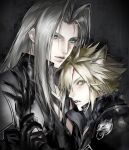  2boys 3_3lecho absurdres animal_earrings animal_ears aqua_eyes armor black_coat black_gloves black_vest blonde_hair chest_strap claws closed_mouth cloud_strife coat commentary fangs fenrir_(final_fantasy) final_fantasy final_fantasy_vii final_fantasy_vii:_advent_children gloves grey_hair hair_between_eyes highres holding_another's_wrist kemonomimi_mode long_hair looking_at_viewer male_focus multiple_boys parted_bangs parted_lips pauldrons popped_collar red_pupils sephiroth short_hair shoulder_armor single_pauldron spiked_hair symbol-only_commentary upper_body vest wolf_boy wolf_ears yaoi 