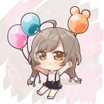  1girl ahoge animal_balloon assault_lily balloon bear_hair_ornament black_skirt blush bow braid chibi closed_mouth commentary cross-laced_clothes cross-laced_skirt frilled_shirt frills full_body gradient_background grey_background hair_ornament hands_up highres holding holding_balloon long_hair looking_at_viewer low_twin_braids low_twintails miniskirt multicolored_hair official_alternate_costume official_alternate_hairstyle outstretched_arms pink_background ponokaijo sasaki_ran shirt shoes skirt sleeveless sleeveless_shirt smile solo standing standing_on_one_leg streaked_hair suspender_skirt suspenders symbol-only_commentary twin_braids twintails twitter_username two-tone_background very_long_hair watermark white_shirt white_shoes yellow_bow yellow_eyes 