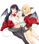  2girls animal_print ass asymmetrical_docking black_hair black_pantyhose black_tail black_wings blonde_hair blue_bow bow bowtie breast_press breasts character_doll cleavage clothes_lift collared_shirt commentary_request cowboy_shot demon_girl demon_tail demon_wings doll grey_skirt gyaru hairband highres jacket knucklecurve large_breasts leopard_print leopard_print_panties light_blush long_hair looking_at_viewer low_wings midriff miniskirt multiple_girls navel one_eye_closed open_clothes open_mouth open_shirt original panties pantyhose pleated_skirt print_panties red_bow red_eyes red_jacket school_uniform shirt short_hair simple_background simulated_paizuri skirt skirt_lift smile symmetrical_docking tail thighs underwear white_background white_shirt wings 