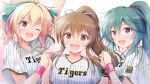  3girls alternate_costume arm_up baseball_jersey blonde_hair brown_eyes brown_hair cinderella_series commentary_request commission fang gradient_background green_hair hachigatsu_no_cinderella_nine hair_between_eyes hair_ribbon hand_on_another's_shoulder hanshin_tigers hiiragi_kotoha holding_hands jersey long_hair looking_at_viewer multiple_girls one_eye_closed open_mouth ponytail purple_eyes ribbon shiina_yukari_(hachigatsu_no_cinderella_nine) shirt shizuna_kaede short_sleeves simple_background skeb_commission striped_clothes striped_shirt takanashi_yuzu upper_body wristband 