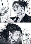  2boys absurdres blood blood_on_clothes blood_on_face choso_(jujutsu_kaisen) collared_shirt facial_mark getou_suguru getou_suguru_(kenjaku) greyscale hair_bun hair_slicked_back hemokinesis highres jacket jozpic jujutsu_kaisen male_focus medium_hair monochrome multiple_boys necktie plug_(piercing) powering_up shirt short_hair short_twintails stitched_forehead suit suit_jacket twintails 