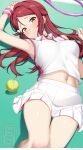  1girl absurdres ass_visible_through_thighs ball blush breasts brown_eyes commentary english_commentary highres long_hair looking_at_viewer love_live! love_live!_sunshine!! lying medium_breasts midriff nabunabu navel nervous_smile on_back paid_reward_available racket red_hair sakurauchi_riko shirt skirt sleeveless sleeveless_shirt smile solo sweatdrop tennis_ball tennis_racket watermark white_shirt white_skirt 